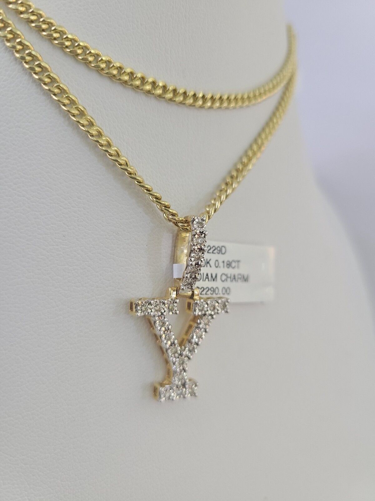 Real 10k Gold Necklace Chain Diamond Y Alphabet Charm SET 3mm Miami Cuban Link