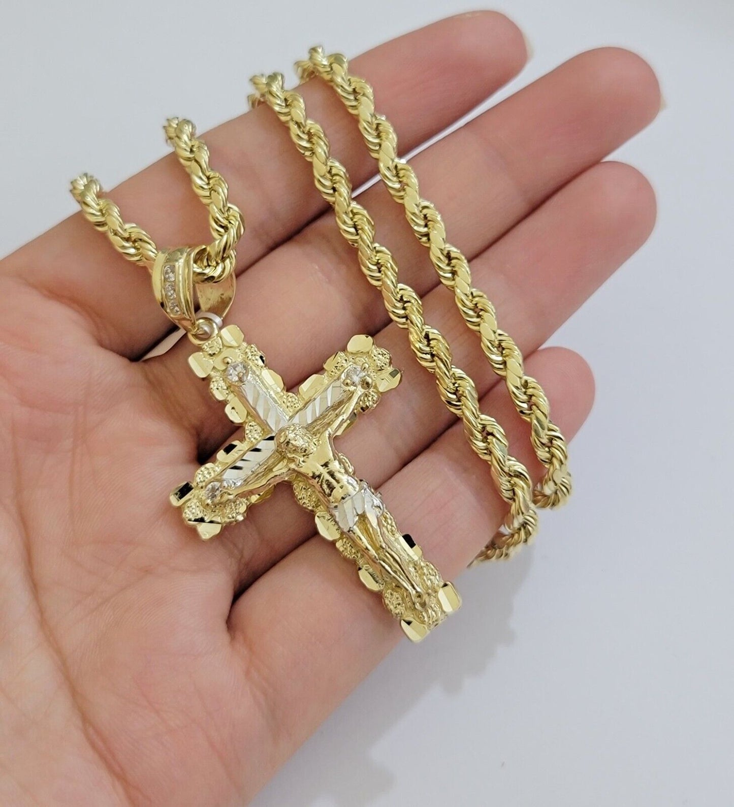 Real 10k Gold Rope Chain Jesus Cross Charm SET 4mm 20'' Necklace & Pendant Men's