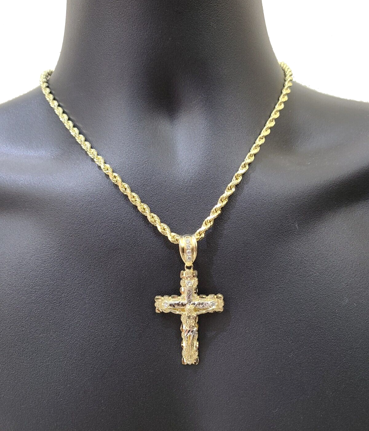 Real 10k Gold Rope Chain Jesus Cross Charm SET 4mm 20'' Necklace & Pendant Men's