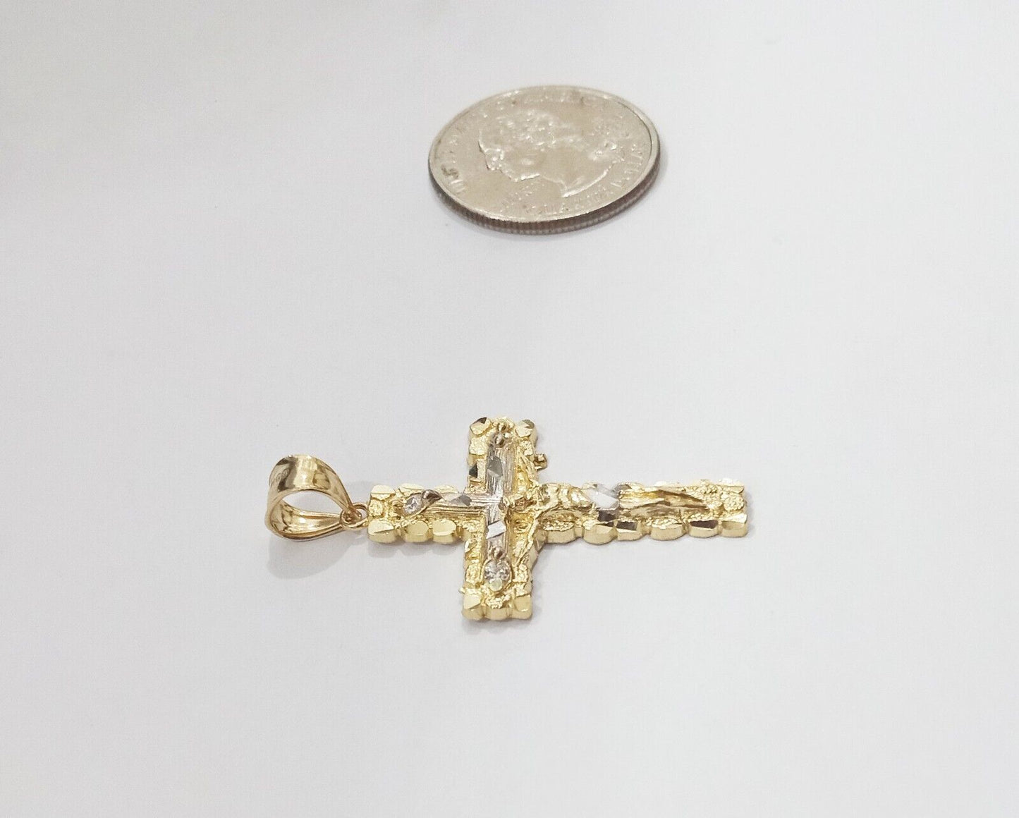 Real 14k Yellow Gold Jesus Crucifix Nugget Cross Charm Pendant 1.5" inch
