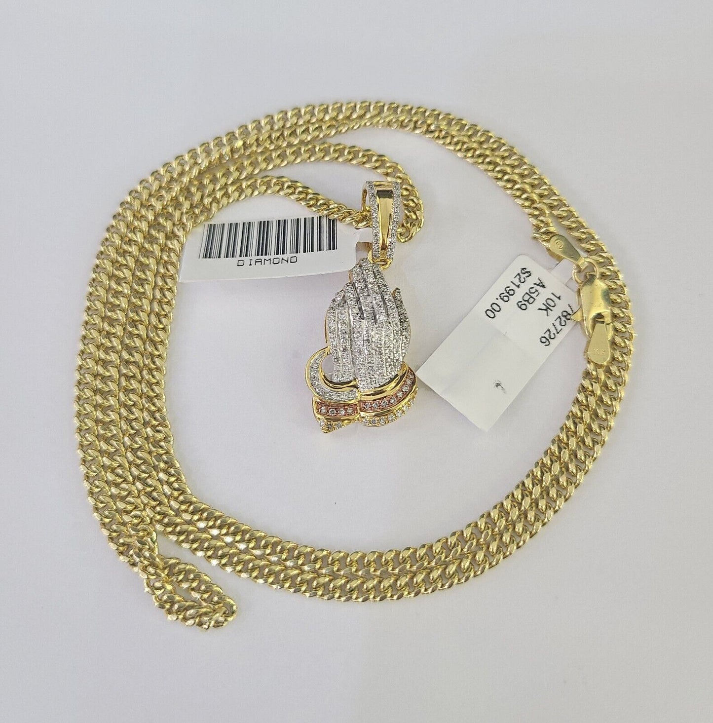 Real 10k Gold Necklace Chain Diamond Praying Hands Charm SET 3mm Miami Cuban