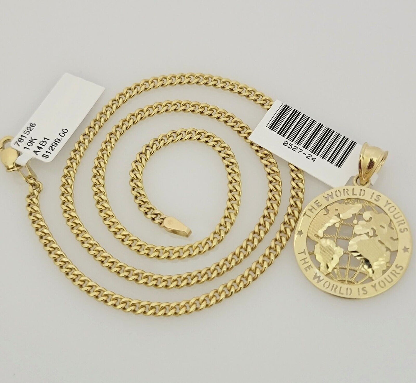 Real 10k Gold Chain Pendant SET World's Your Charm Miami Cuban Link Necklace 24"