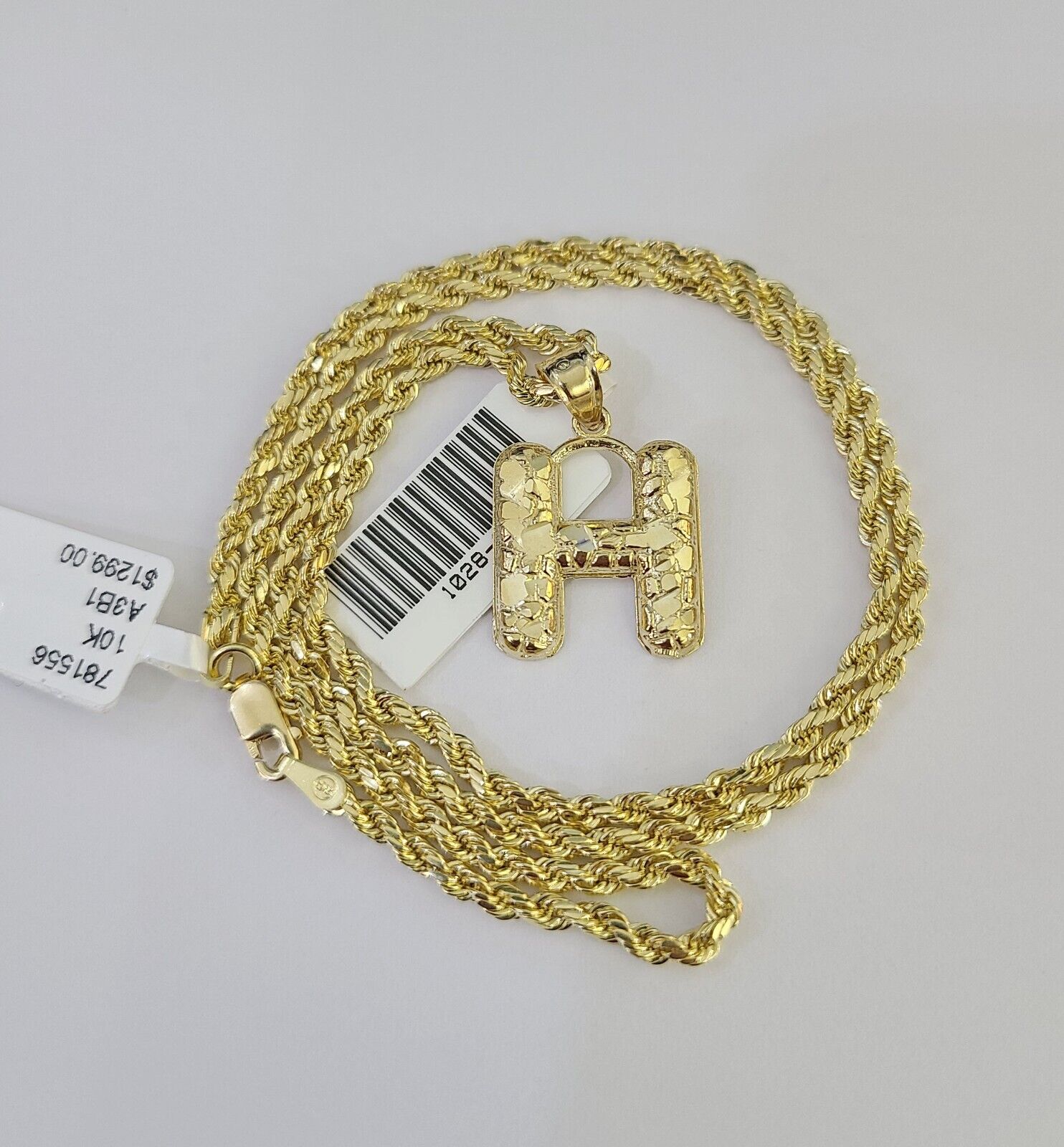 10k Gold Initial H Charm Rope Chain 16"-26" 2.5mm SET Necklace Alphabet Pendant