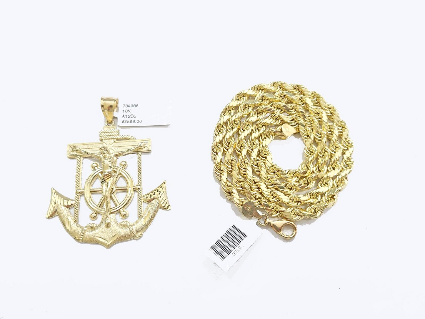 Real 10k Yellow Gold Rope Chain 22'' Necklace anchor cross charm pendant