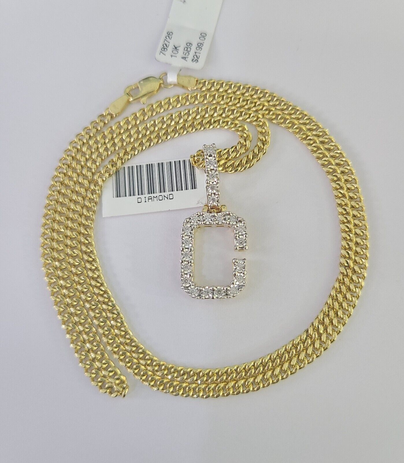 Real 10k Gold Necklace Chain Diamond C Alphabet Charm SET 3mm Miami Cuban Link