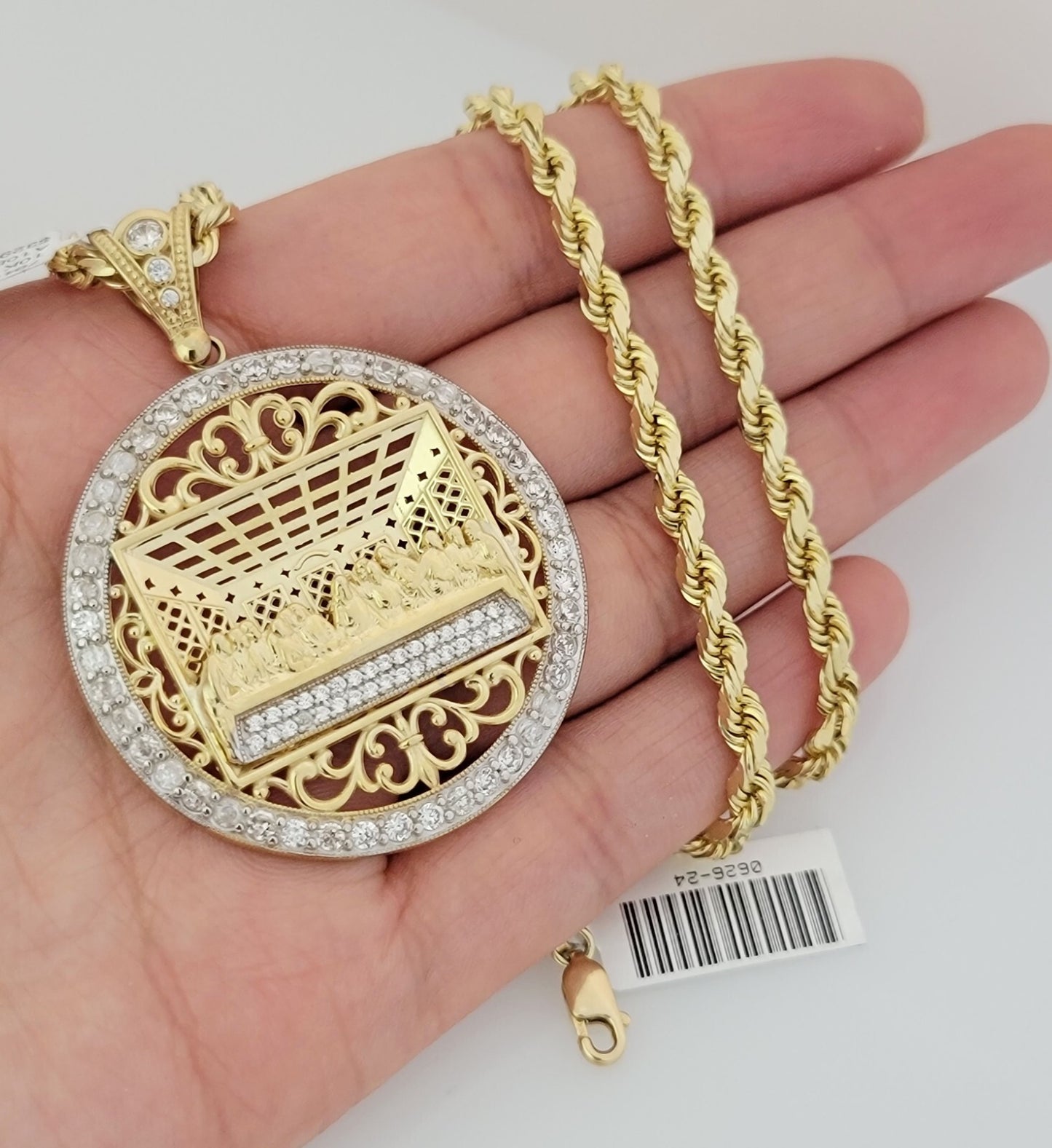 Real 10k Gold Rope chain Last supper Charm Pendant SET Solid Necklace 4mm 22Inch