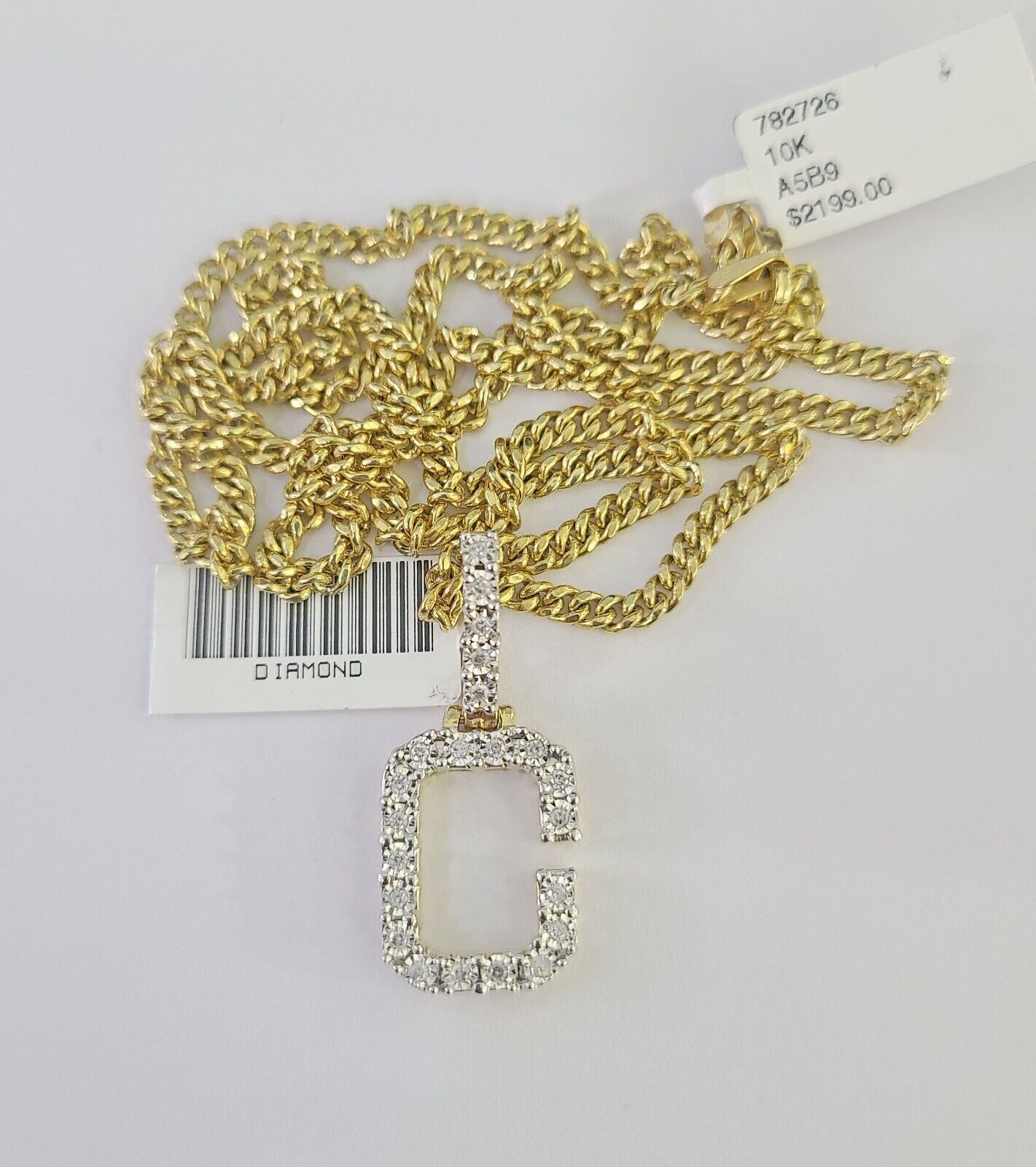 Real 10k Gold Necklace Chain Diamond C Alphabet Charm SET 3mm Miami Cuban Link