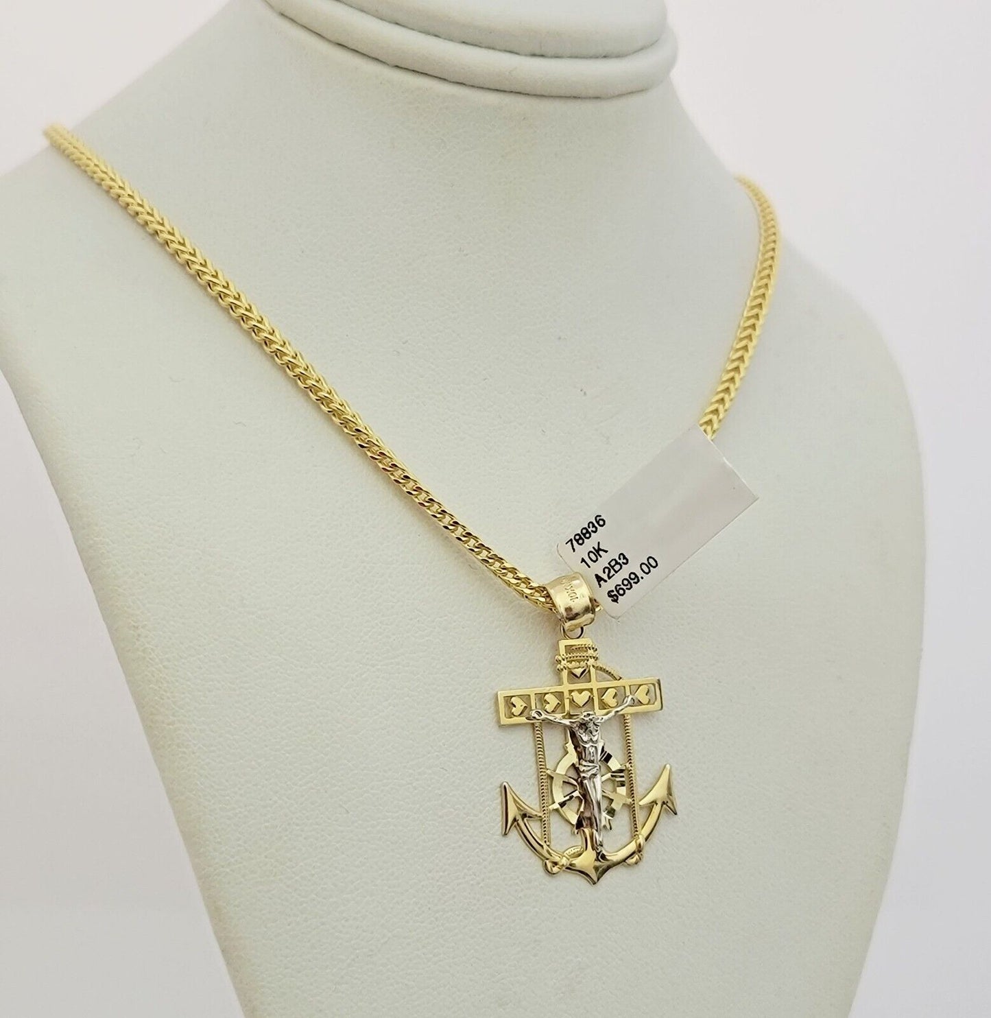 Real 10k Gold Franco Chain Anchor Cross Charm pendant Set 2.5mm Necklace 24 Inch
