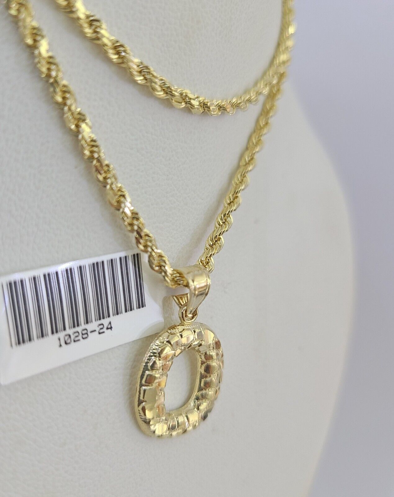 10k Gold Initial O Charm Rope Chain 16"-26" 2.5mm SET Necklace Alphabet Pendant