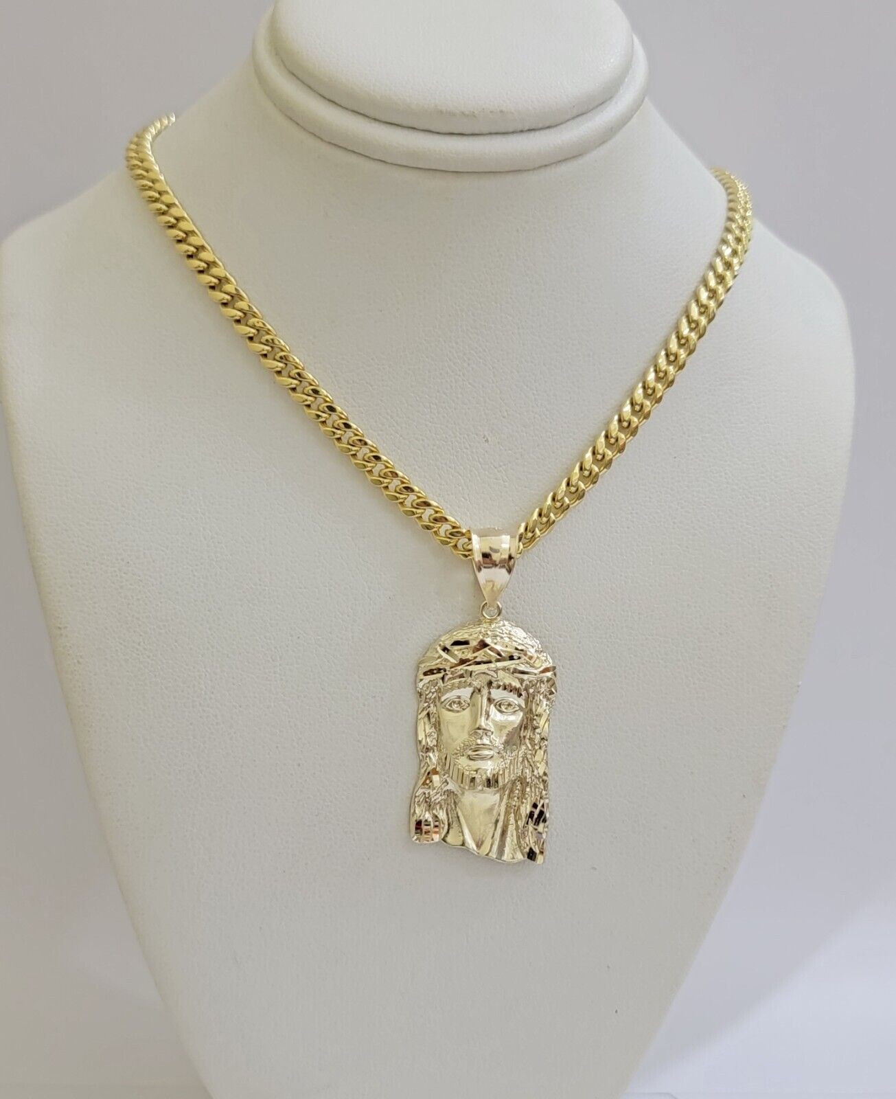 REAL 10k Gold Chain Necklace Charm Pendant SET, 5mm Miami Cuban Link, Jesus Head
