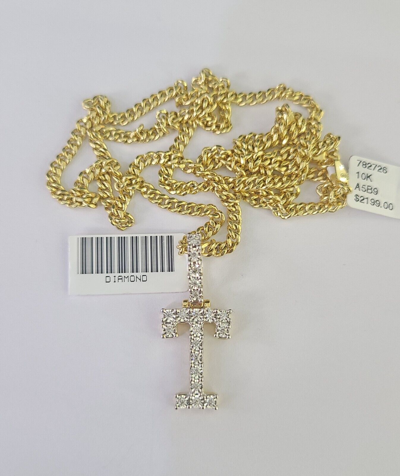 Real 10k Gold Necklace Chain Diamond T Alphabet Charm SET 3mm Miami Cuban Link