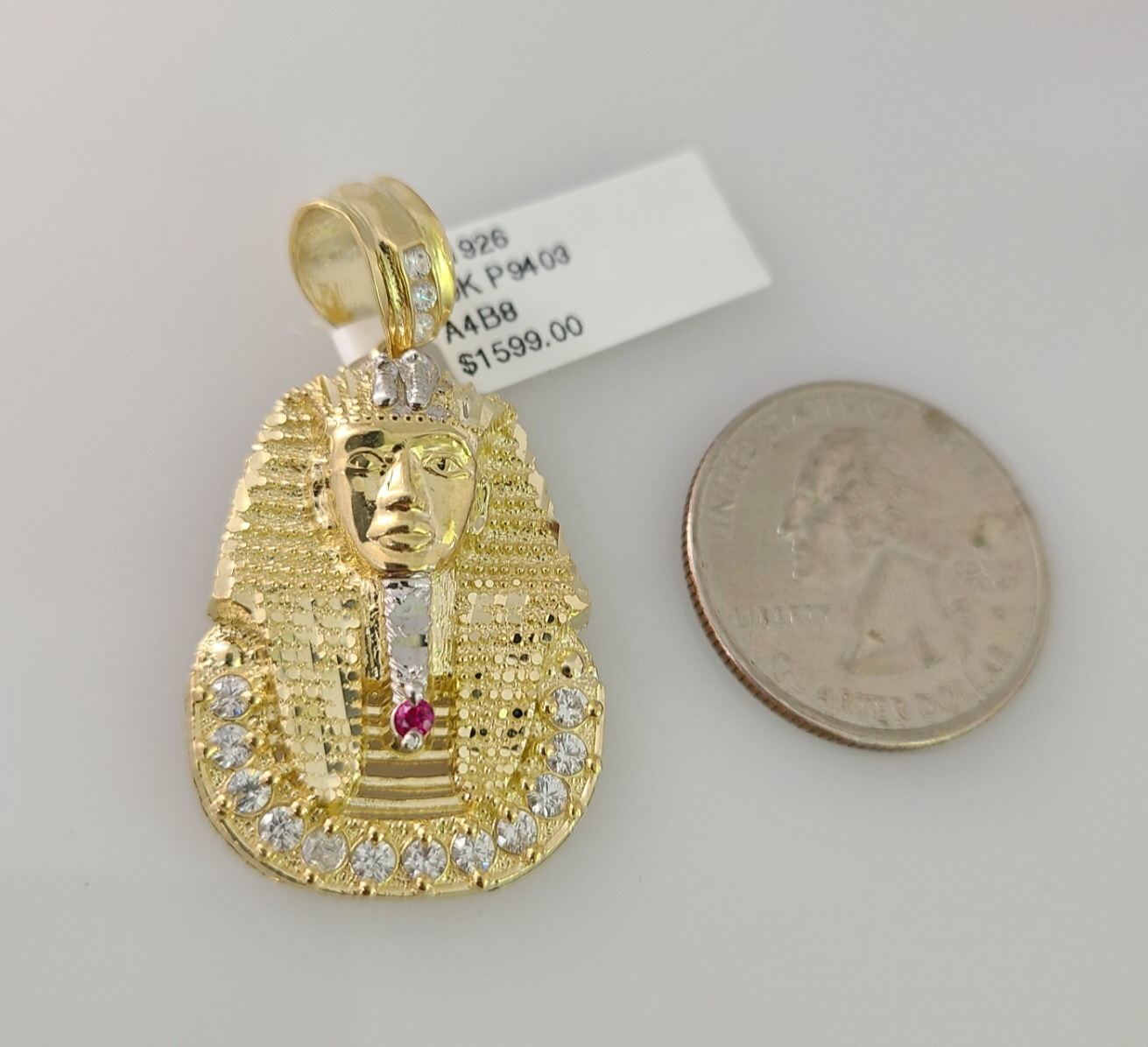 Real 10k Gold necklace & Pharoah Head charm pendant SET Chain 3mm Byzantine 26"
