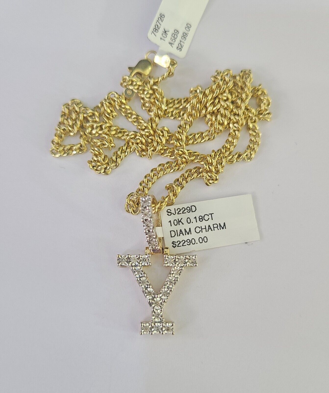 Real 10k Gold Necklace Chain Diamond Y Alphabet Charm SET 3mm Miami Cuban Link