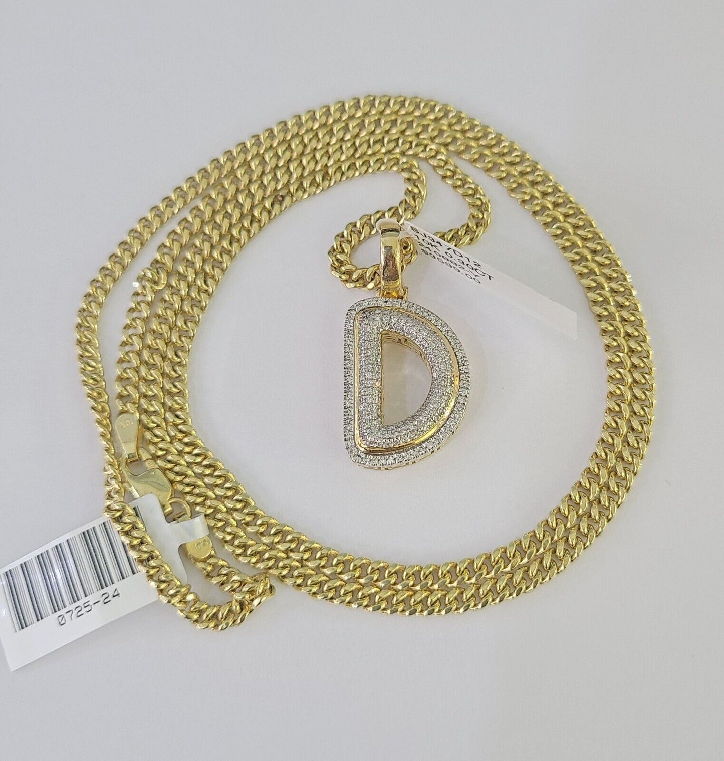 Real 10k Gold Necklace Chain Diamond D Alphabet Charm SET 3mm Miami Cuban Link