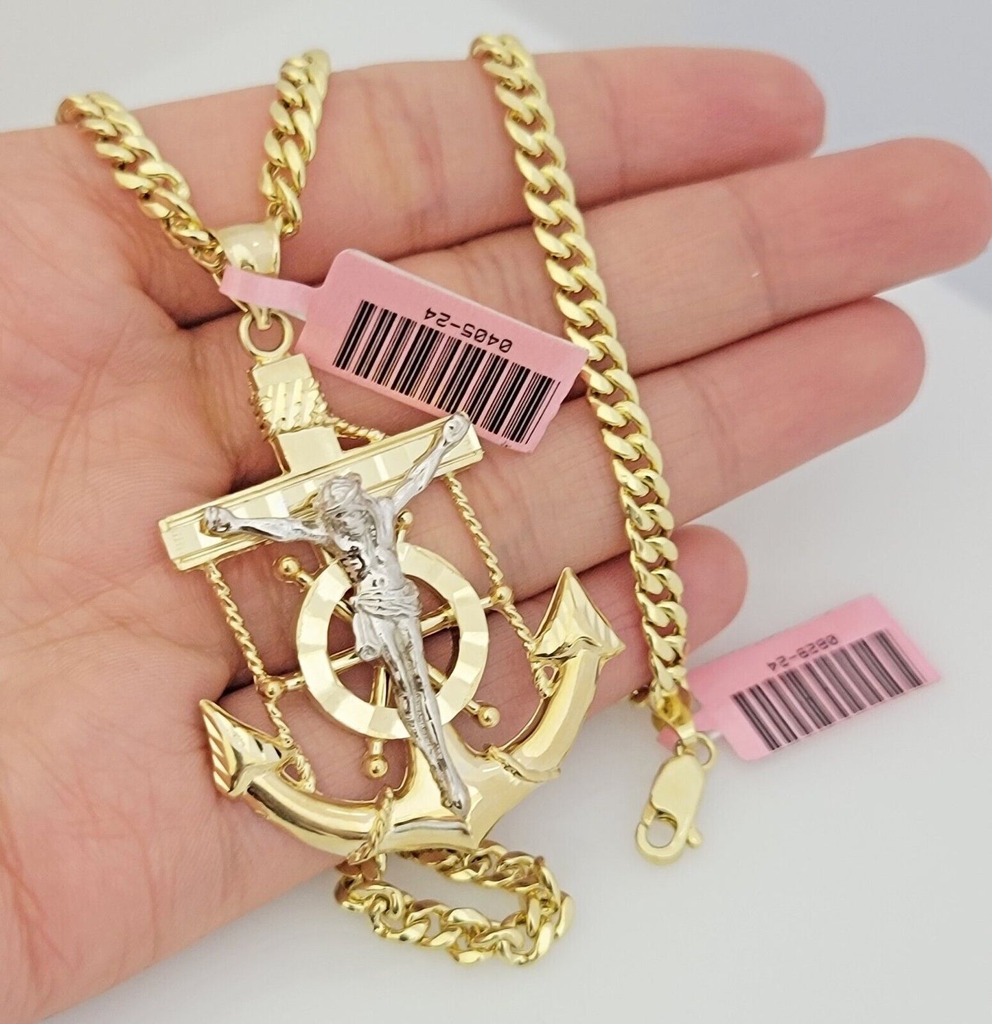 Real 14k Gold Pendant Chain SET Miami Cuban Link 5mm 26" Necklace Anchor Charm