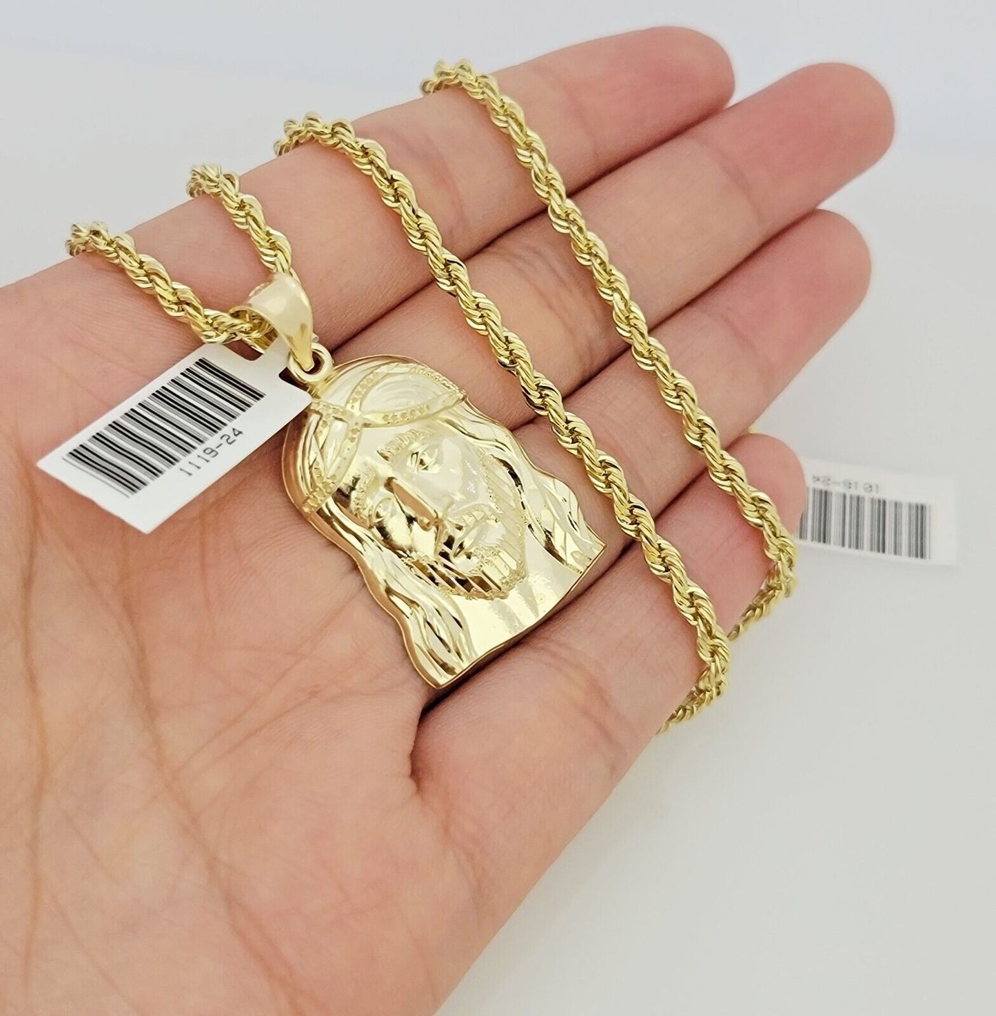 Real 10k Gold Rope Chain Jesus Head Charm Pendant Set 3mm Necklace 24 Inch SOLID