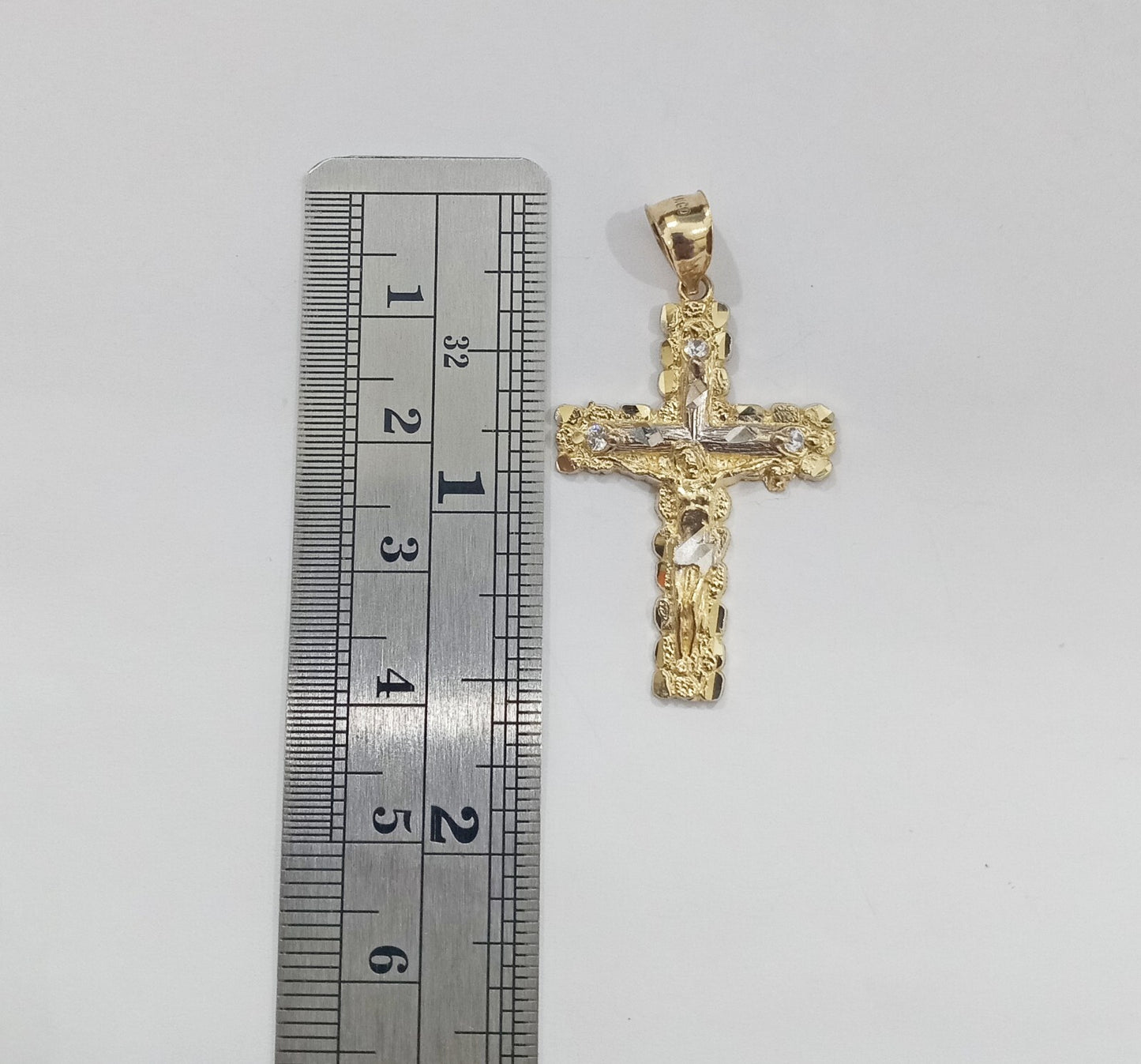 Real 14k Yellow Gold Jesus Crucifix Nugget Cross Charm Pendant 1.5" inch
