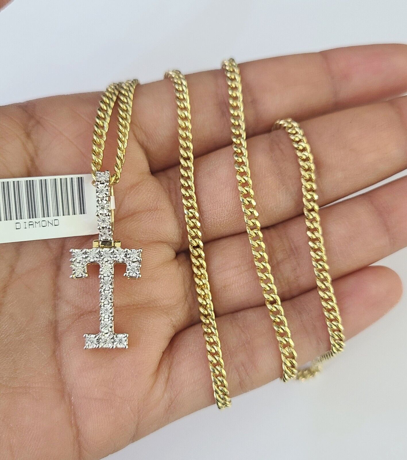 Real 10k Gold Necklace Chain Diamond T Alphabet Charm SET 3mm Miami Cuban Link