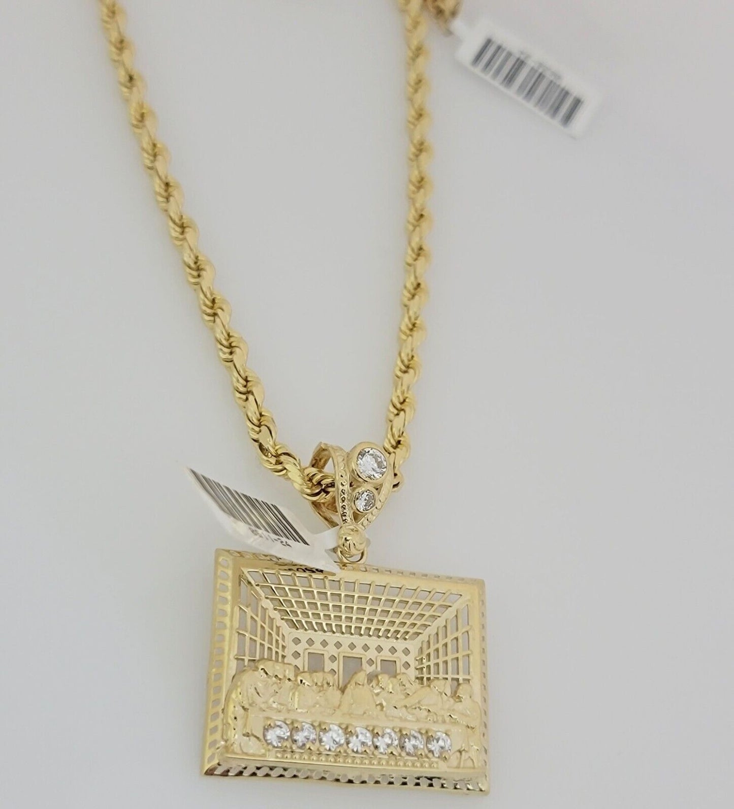 Real 10k Gold Chain Pendant SET Last supper Charm Solid Rope Necklace 4mm 20-28"