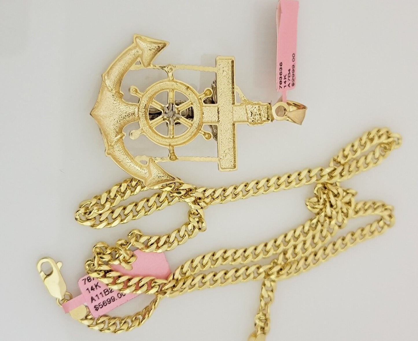 Real 14k Gold Pendant Chain SET Miami Cuban Link 5mm 26" Necklace Anchor Charm