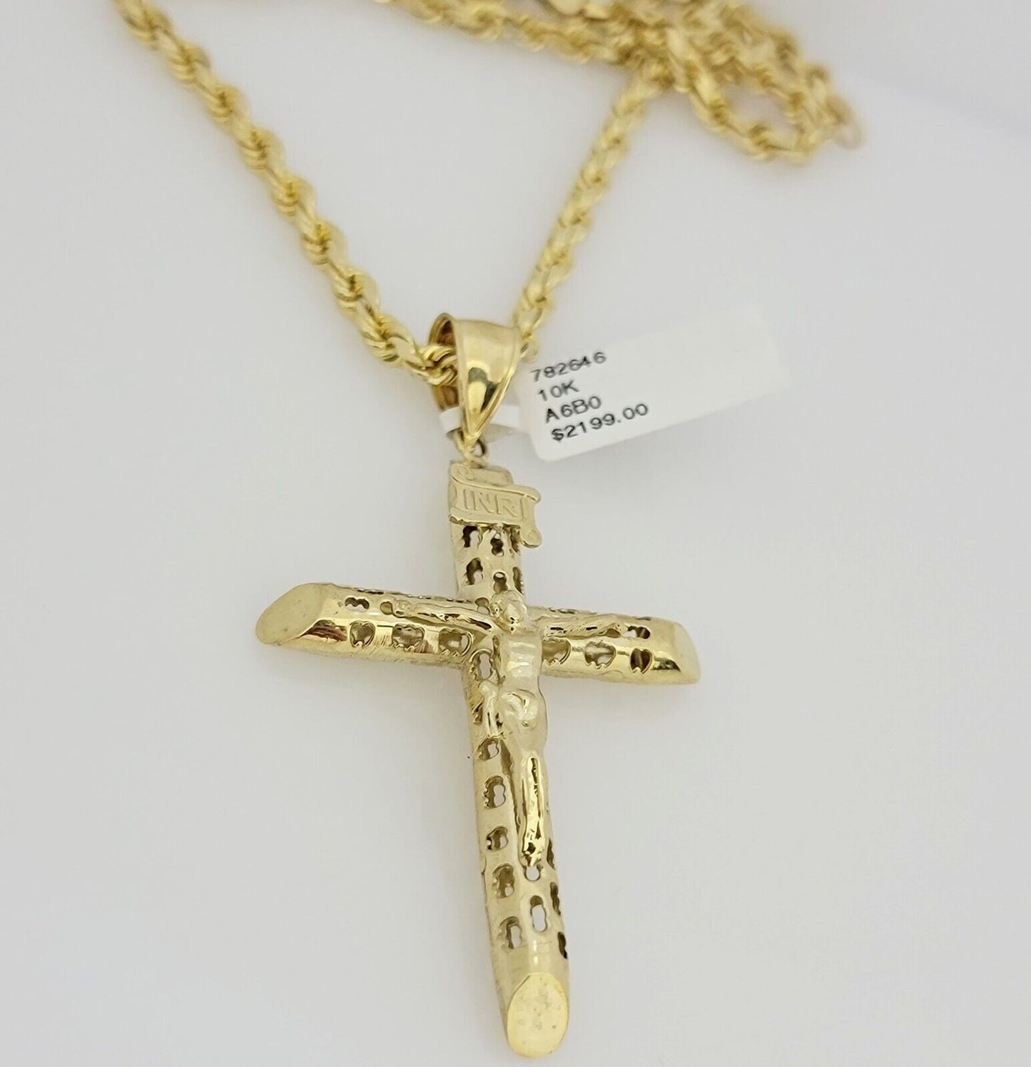 Real 10k Gold Chain Pendant SET Jesus Cross Charm Solid Rope Necklace 4mm 24Inch