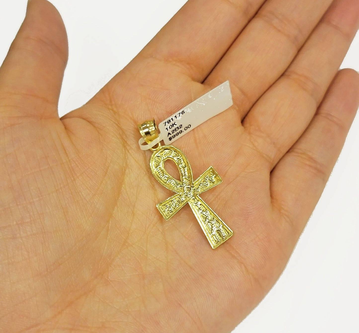 Real 10k Yellow Gold Ankh Cross charm Nugget Pendant 2 Inch For Men's 10 KT / AS