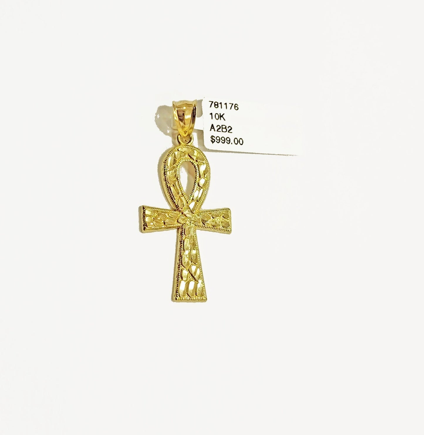 Real 10k Yellow Gold Ankh Cross charm Nugget Pendant 2 Inch For Men's 10 KT / AS