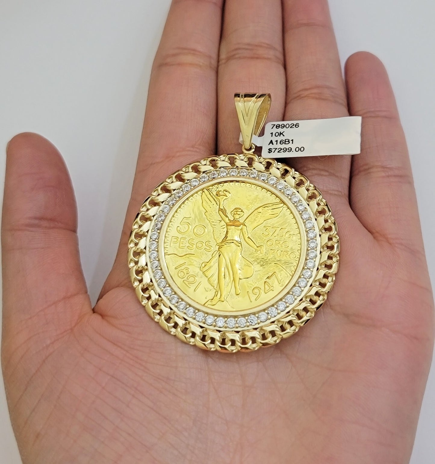 Real 10k Yellow Gold Pendant Copy Coin charm 50 pesos 2.25 Inch, Men's 10KT / A1