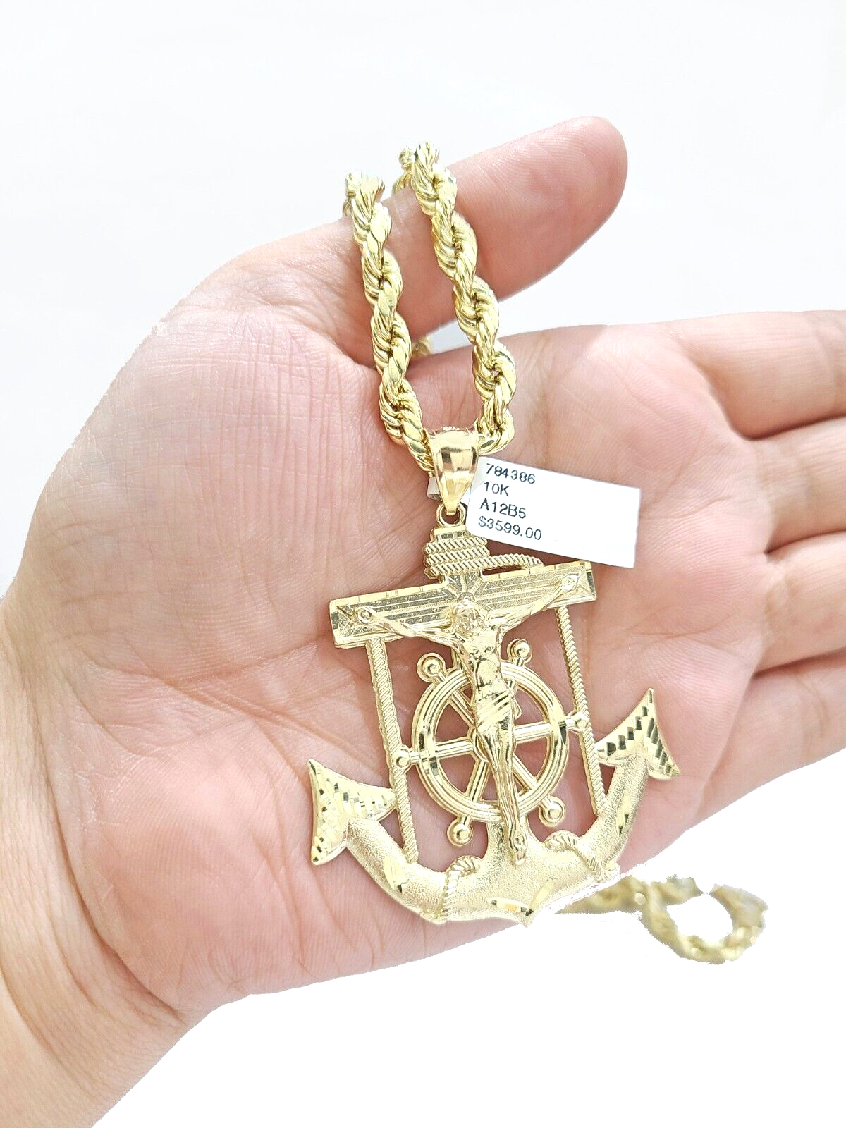Real 10k Yellow Gold Rope Chain 22'' Necklace anchor cross charm pendant