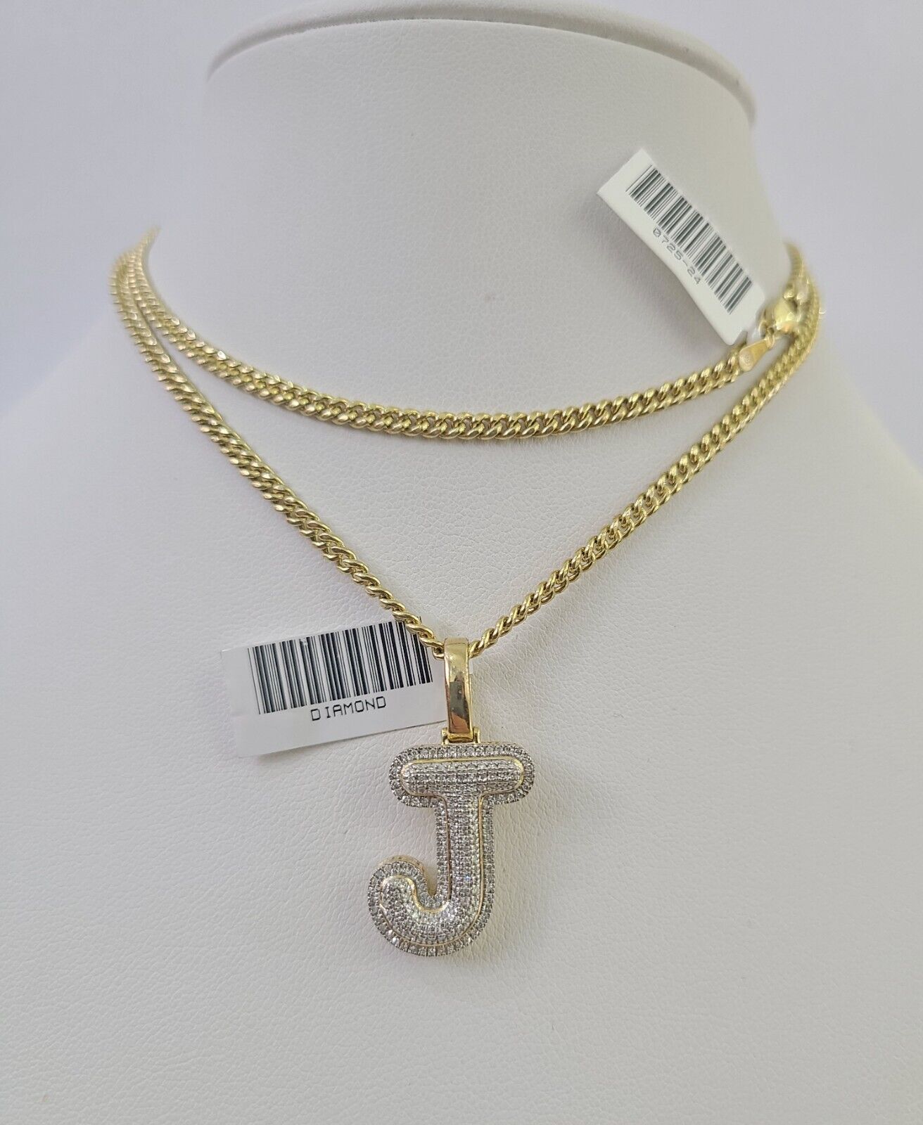 Real 10k Gold Necklace Chain Diamond J Alphabet Charm SET 3mm Miami Cuban Link