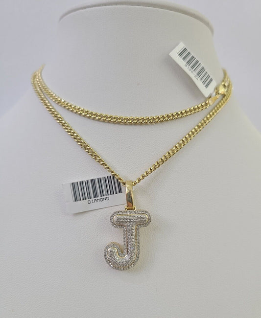 Real 10k Gold Necklace Chain Diamond J Alphabet Charm SET 3mm Miami Cuban Link