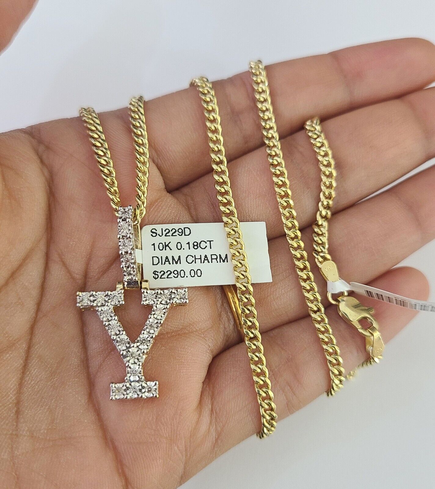 Real 10k Gold Necklace Chain Diamond Y Alphabet Charm SET 3mm Miami Cuban Link