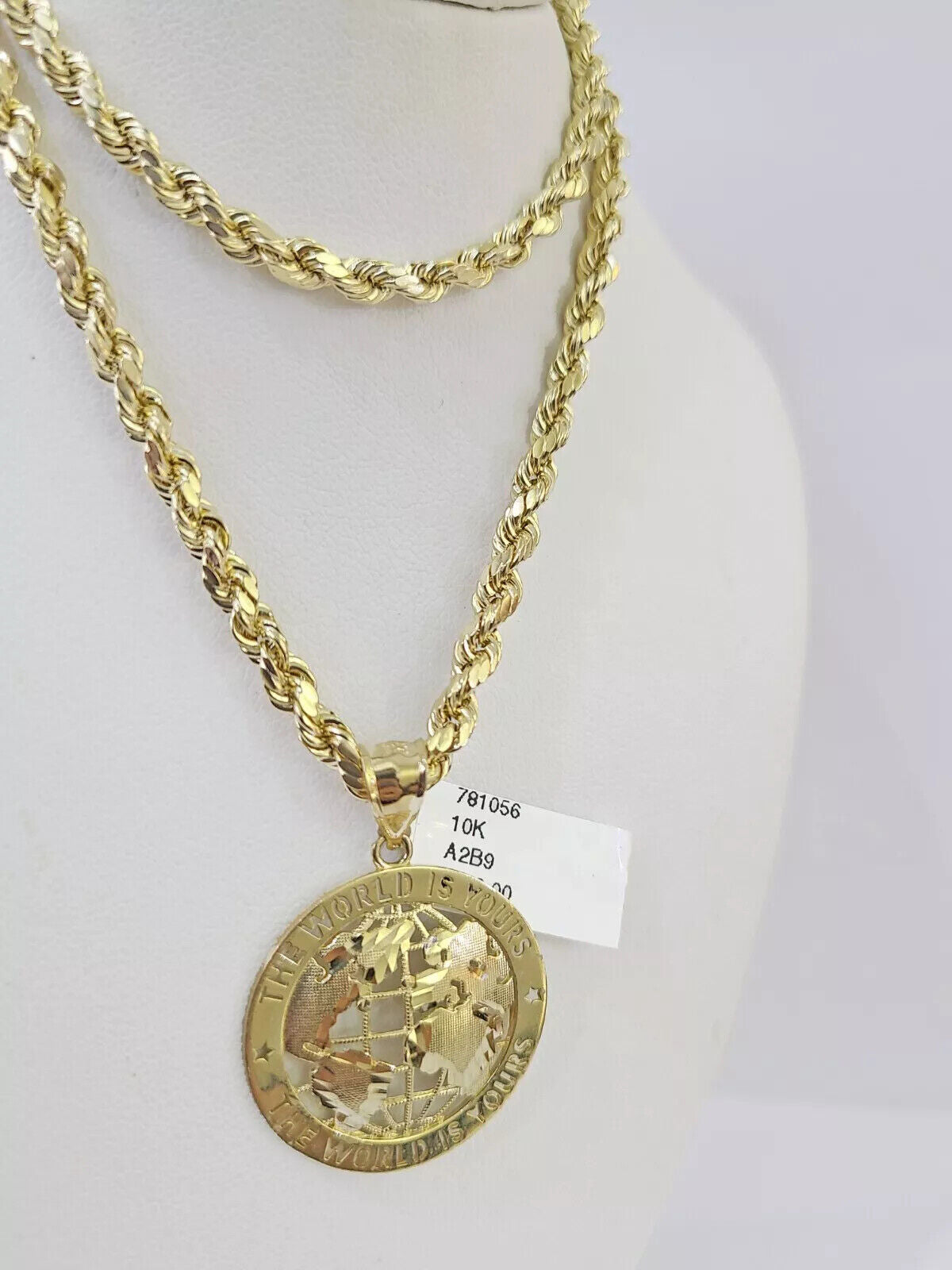 Real 10k Gold Rope Chain Charm World Map Pendant SET 4mm 18-28 inch Necklace