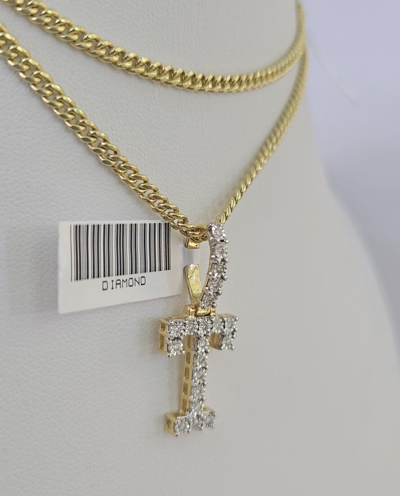 Real 10k Gold Necklace Chain Diamond T Alphabet Charm SET 3mm Miami Cuban Link
