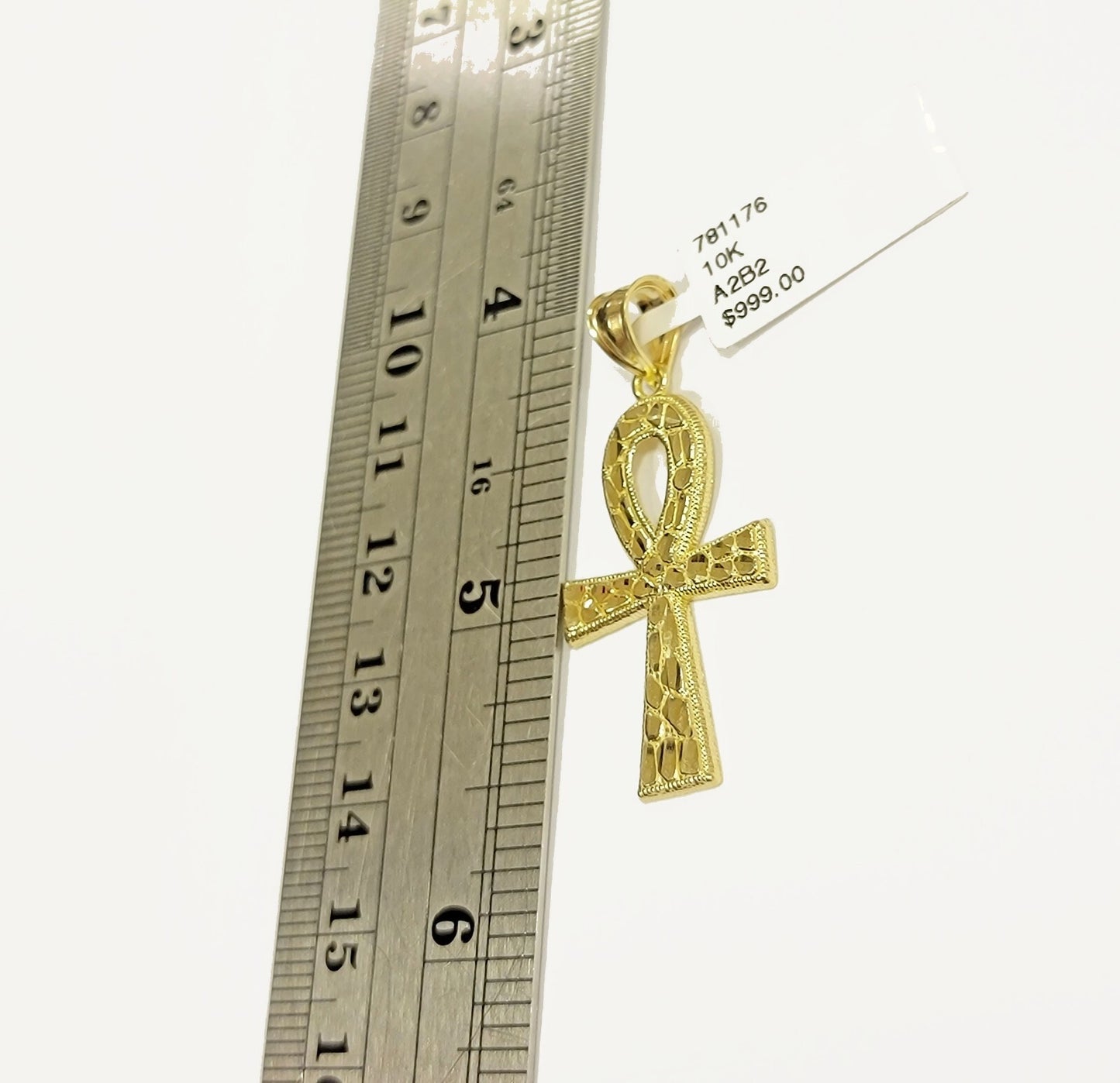 Real 10k Yellow Gold Ankh Cross charm Nugget Pendant 2 Inch For Men's 10 KT / AS