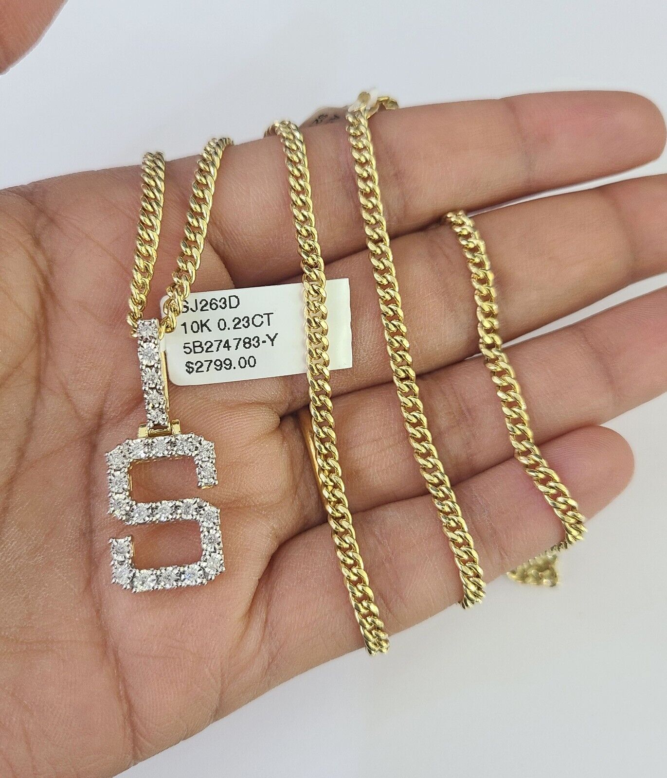 Real 10k Gold Necklace Chain Diamond S Alphabet Charm SET 3mm Miami Cuban Link