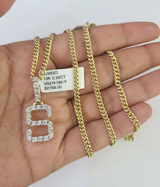 Real 10k Gold Necklace Chain Diamond S Alphabet Charm SET 3mm Miami Cuban Link