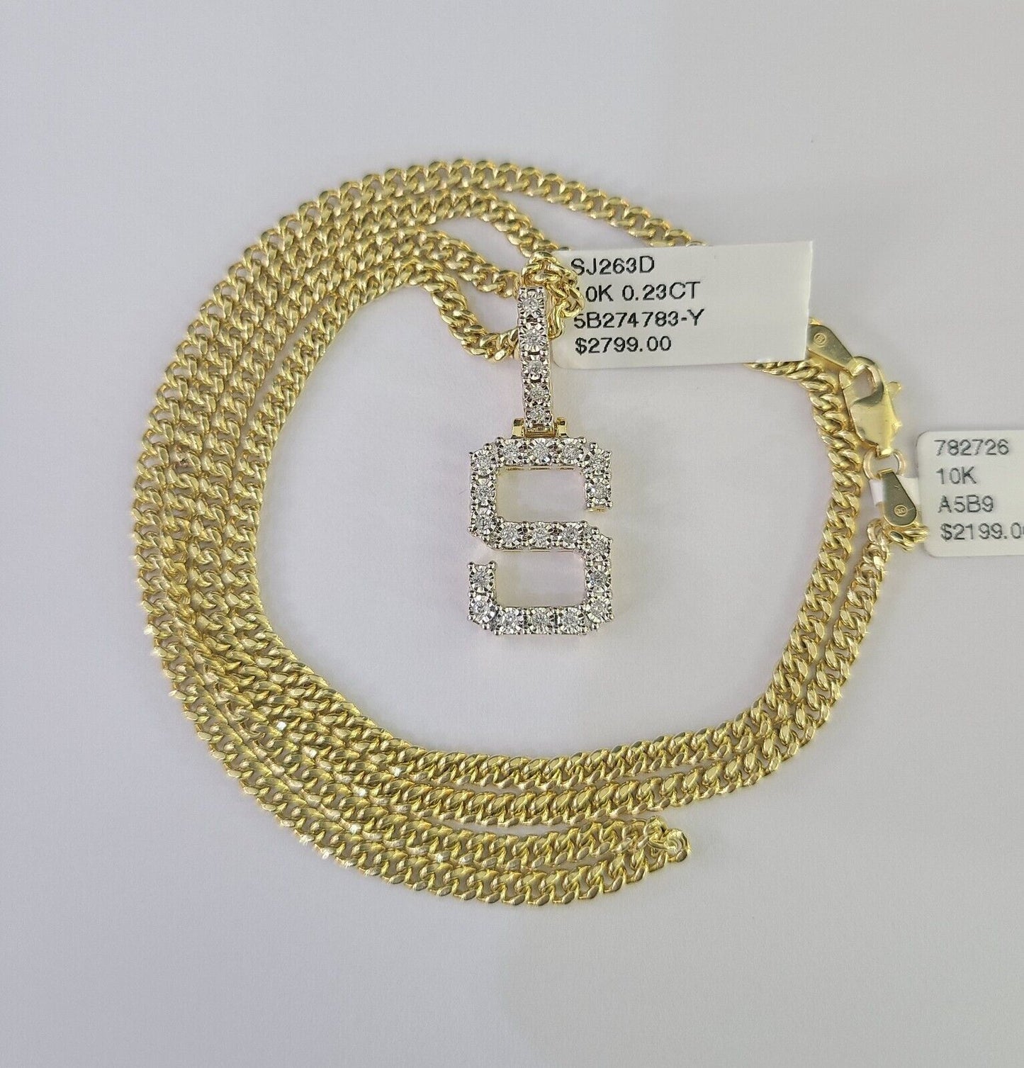 Real 10k Gold Necklace Chain Diamond S Alphabet Charm SET 3mm Miami Cuban Link