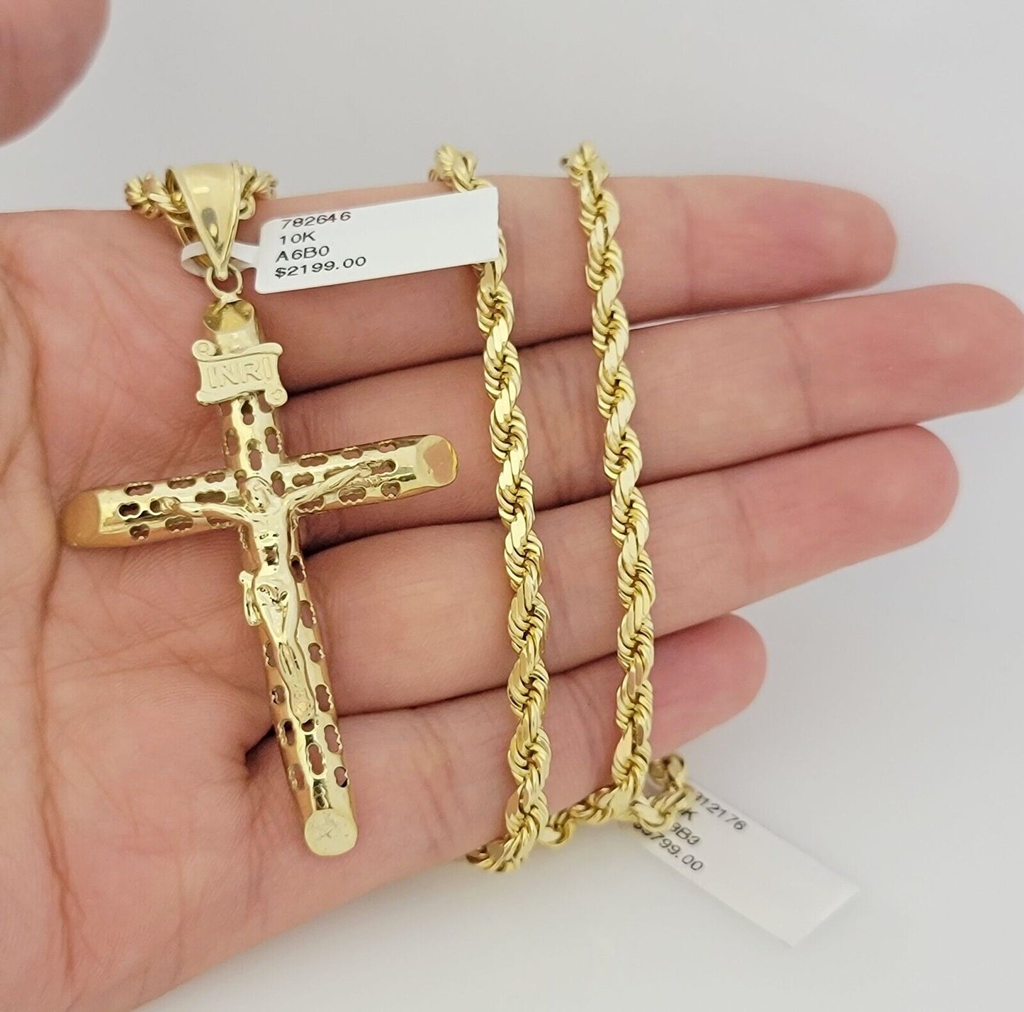 Real 10k Gold Chain Pendant SET Jesus Cross Charm Solid Rope Necklace 4mm 24Inch