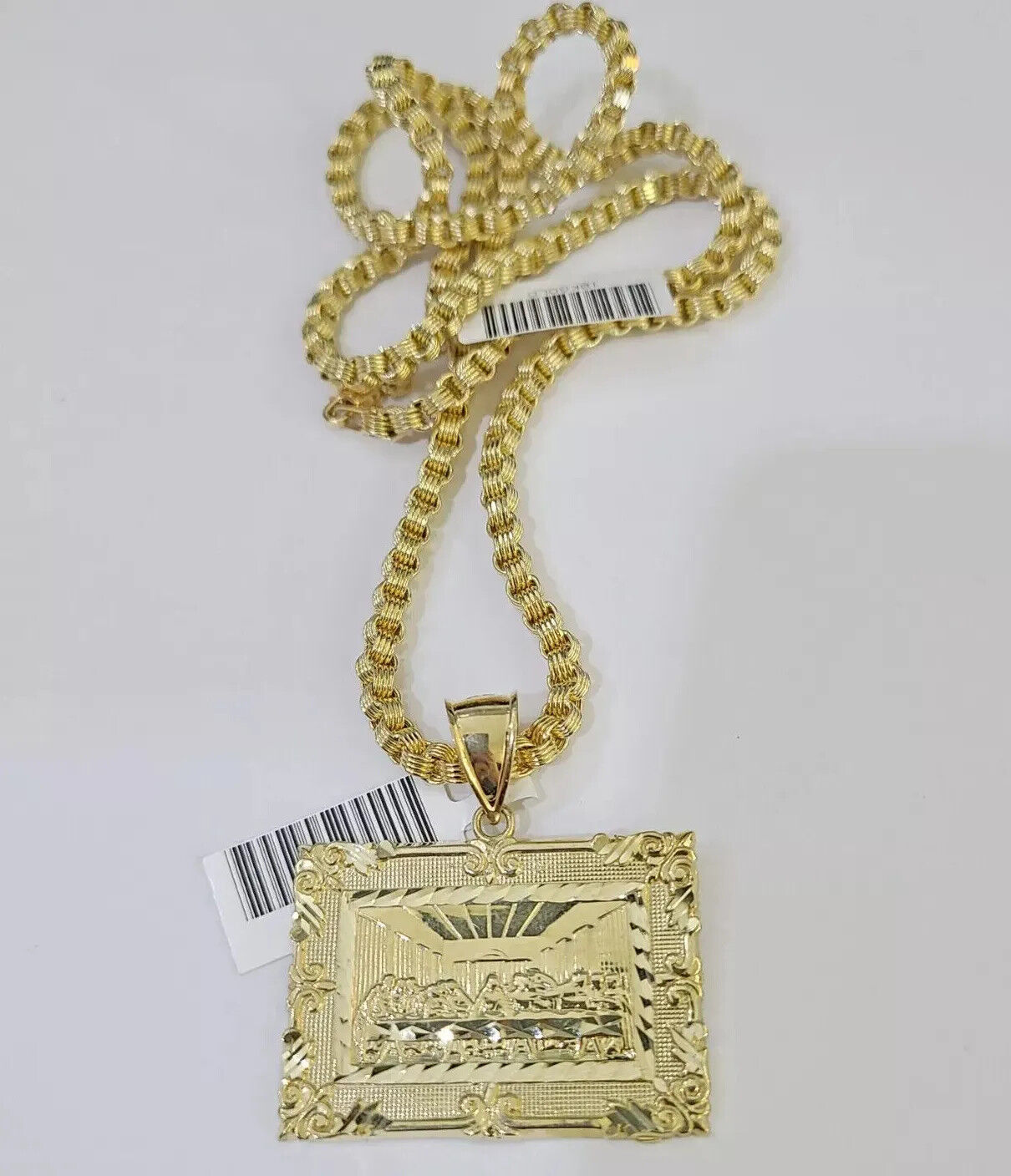 10k Gold Byzantine Chain Necklace Last supper charm Pendant SET REAL 10kt Men's