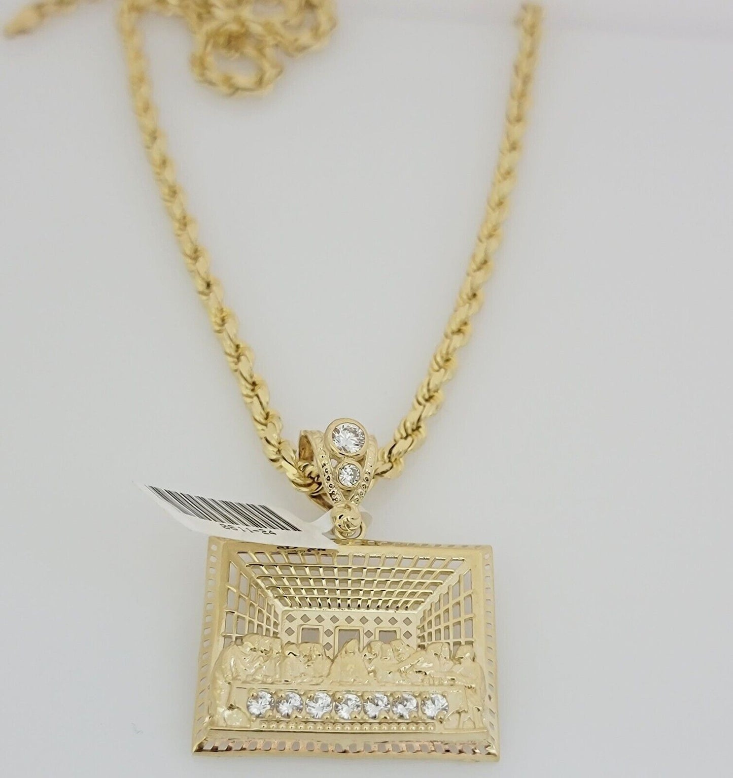 Real 10k Gold Chain Pendant SET Last supper Charm Solid Rope Necklace 4mm 20-28"