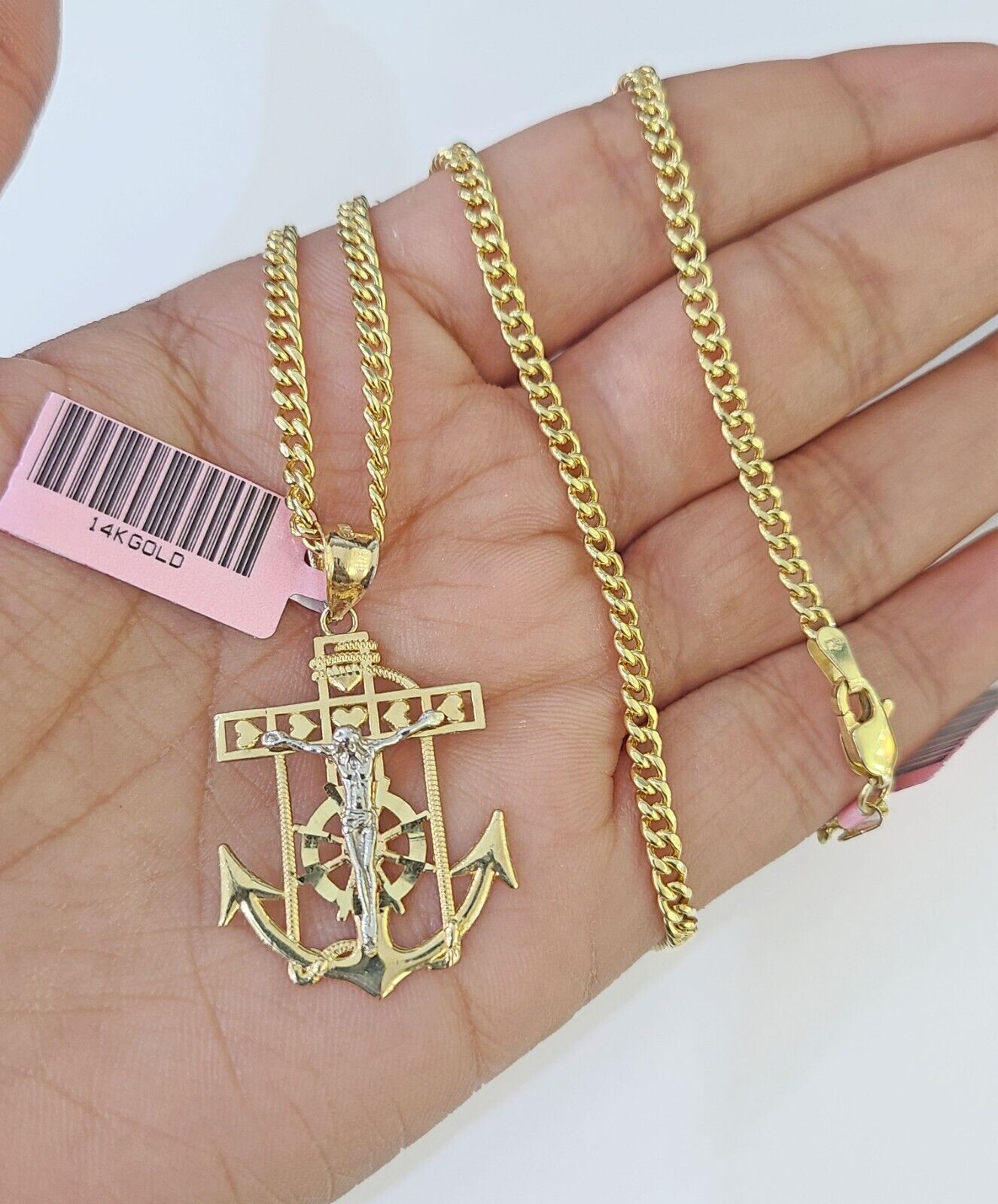 Real 14k Yellow Gold Jesus Anchor Charm Pendant &Miami Cuban Link Chain Necklace
