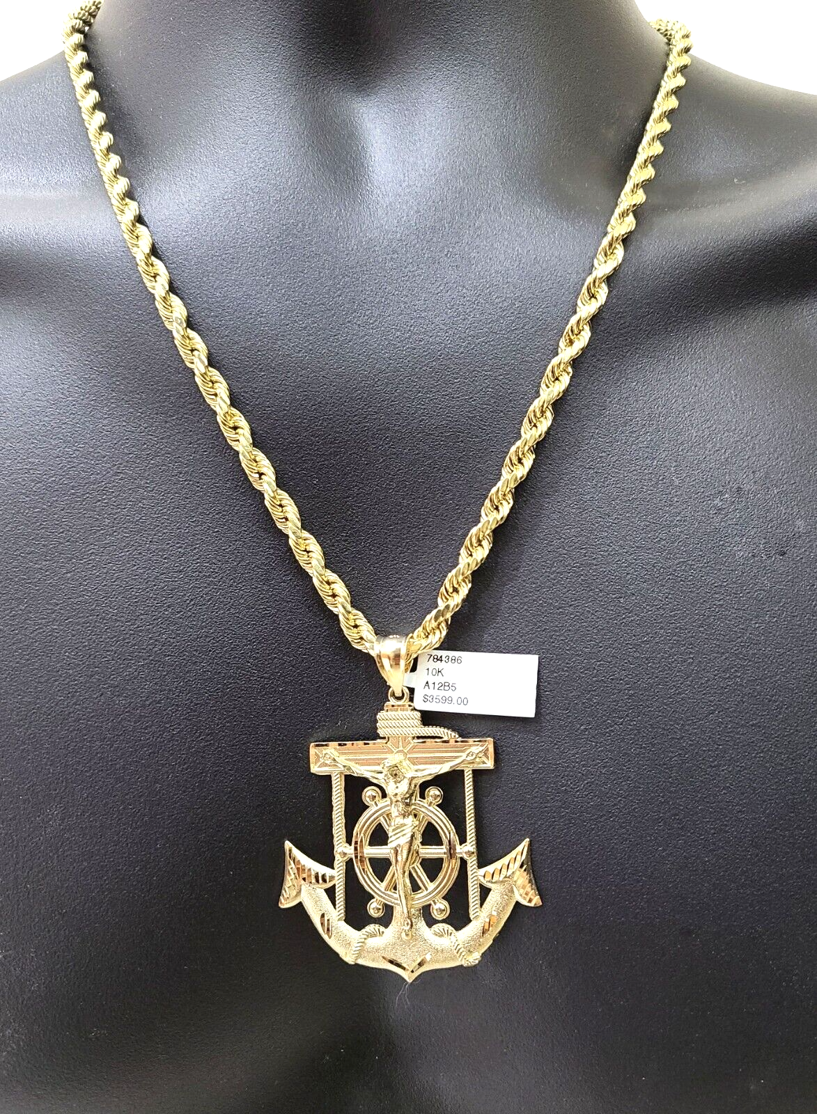 Real 10k Yellow Gold Rope Chain 22'' Necklace anchor cross charm pendant
