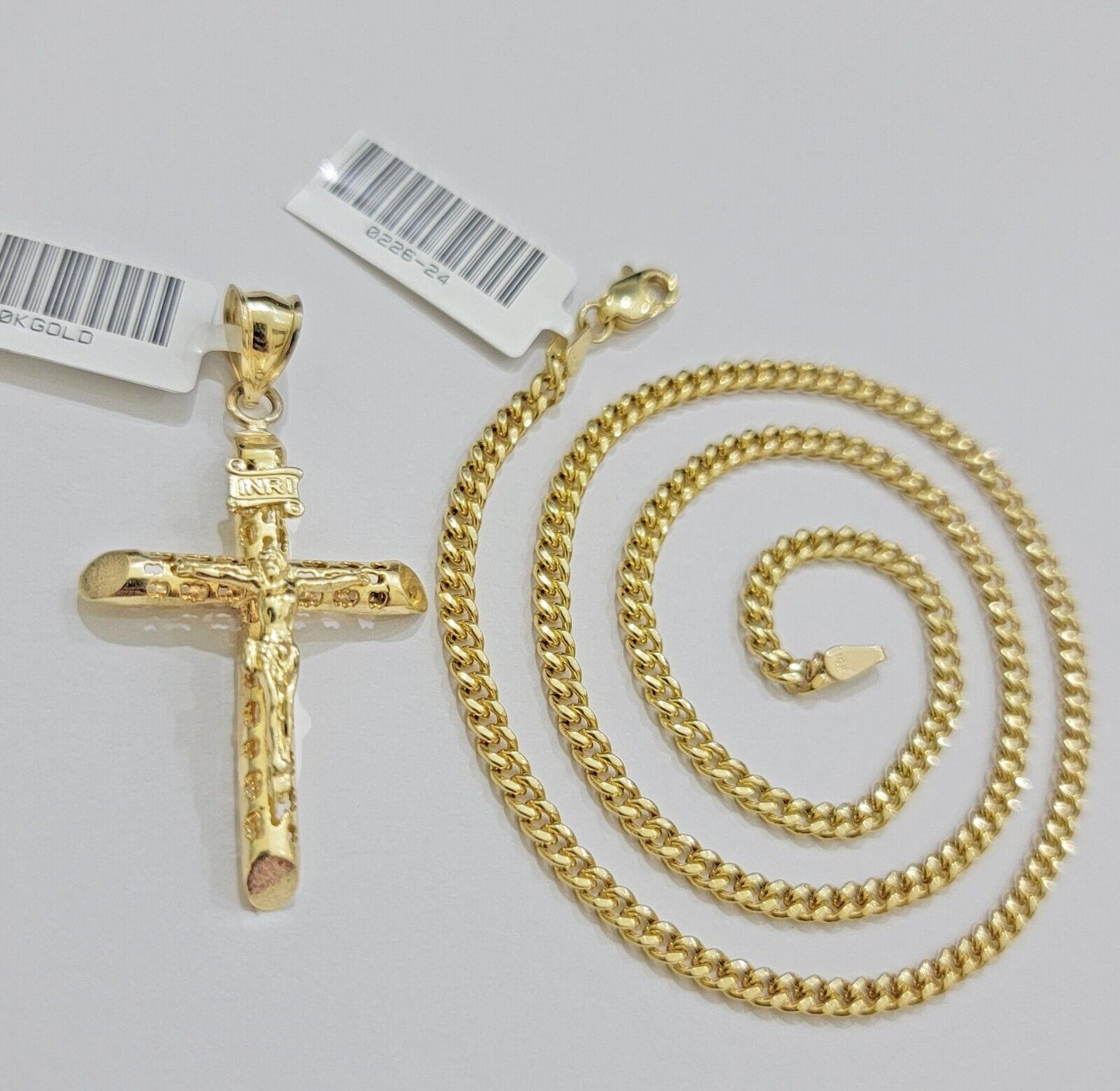 Real 10k Gold Chain Jesus Cross Charm Pendant SET 3mm Miami Cuban Link Necklace