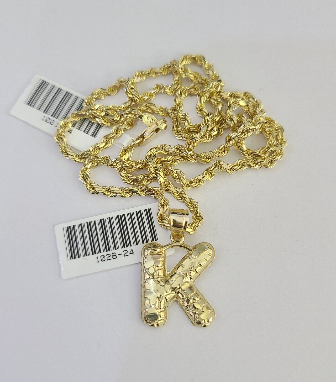 10k Gold Initial K Charm Rope Chain 16"-26" 2.5mm SET Necklace Alphabet Pendant