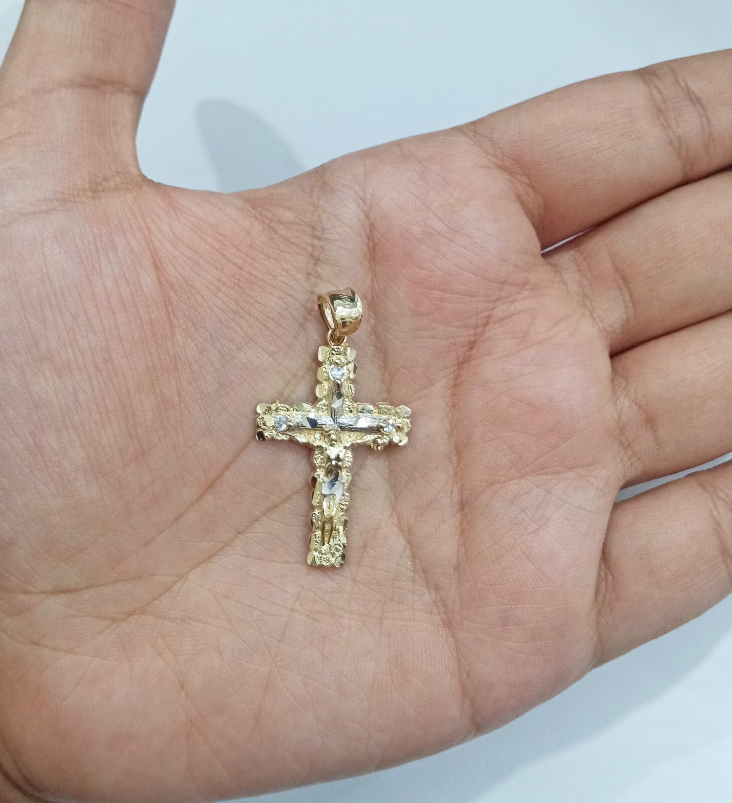 Real 14k Yellow Gold Jesus Crucifix Nugget Cross Charm Pendant 1.5" inch