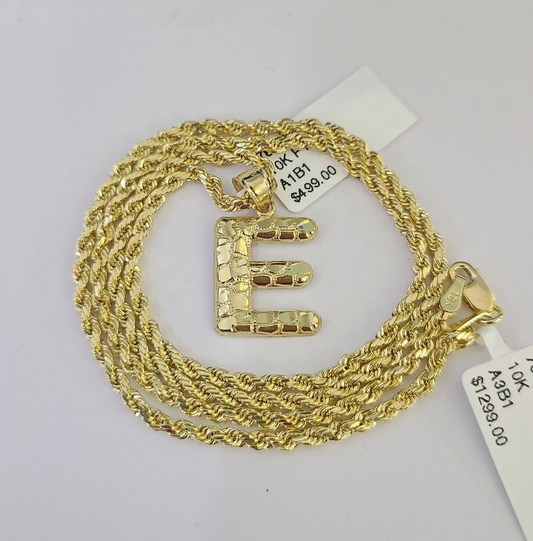 10k Gold Initial E Charm Rope Chain 16"-26" 2.5mm SET Necklace Alphabet Pendant