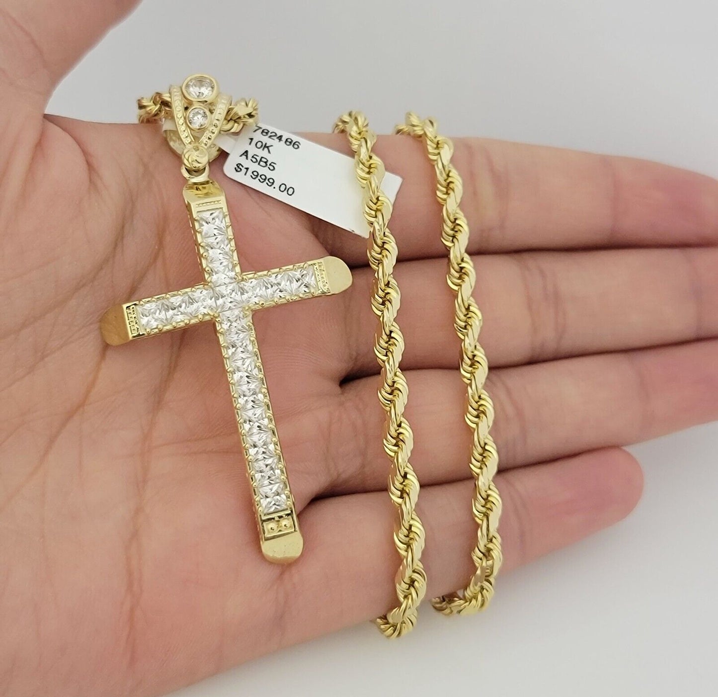 Real 10k Gold Rope Chain Cross SET Stone Charm Pendant Solid Necklace 4mm 24Inch