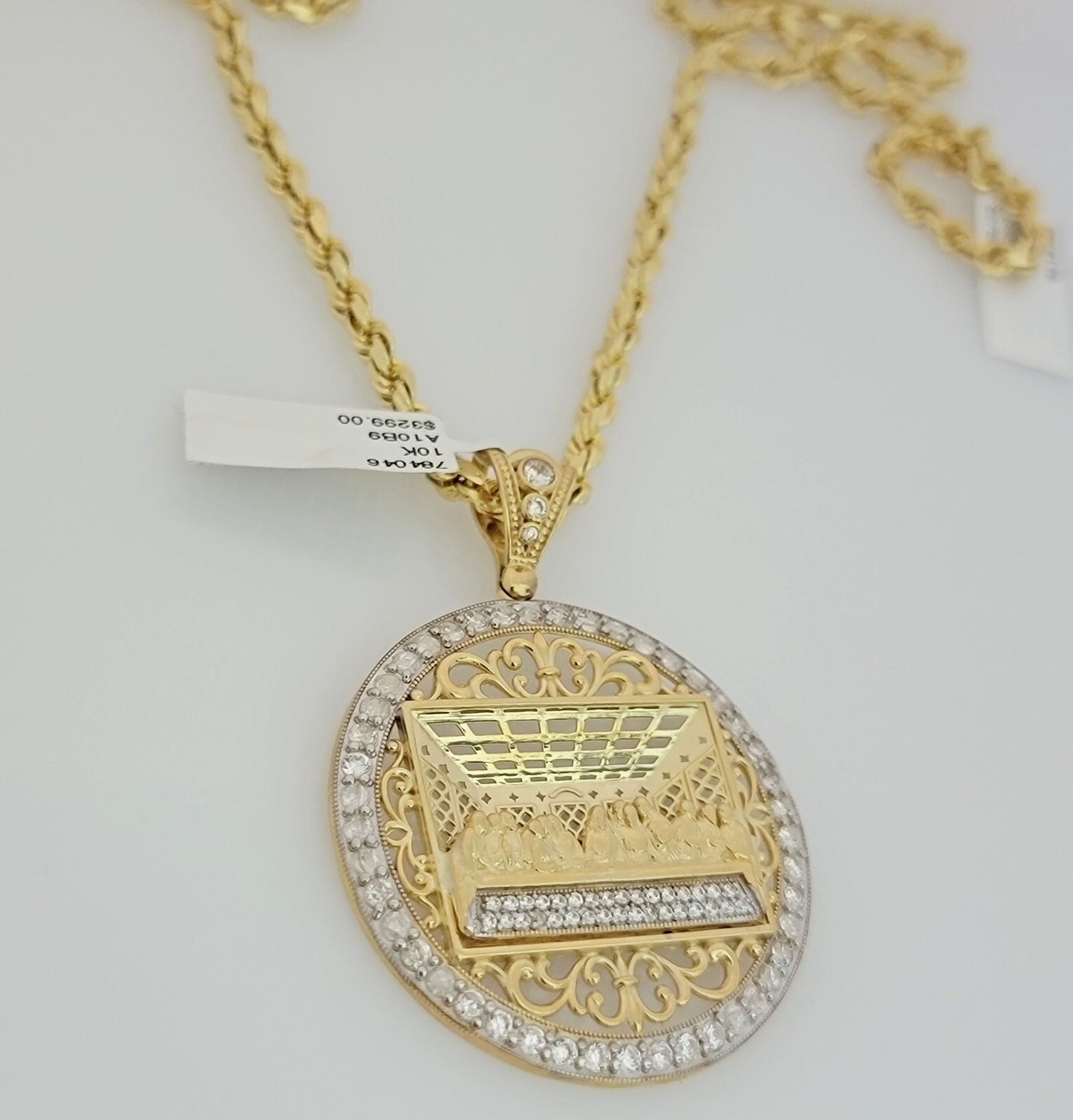 Real 10k Gold Rope chain Last supper Charm Pendant SET Solid Necklace 4mm 22Inch