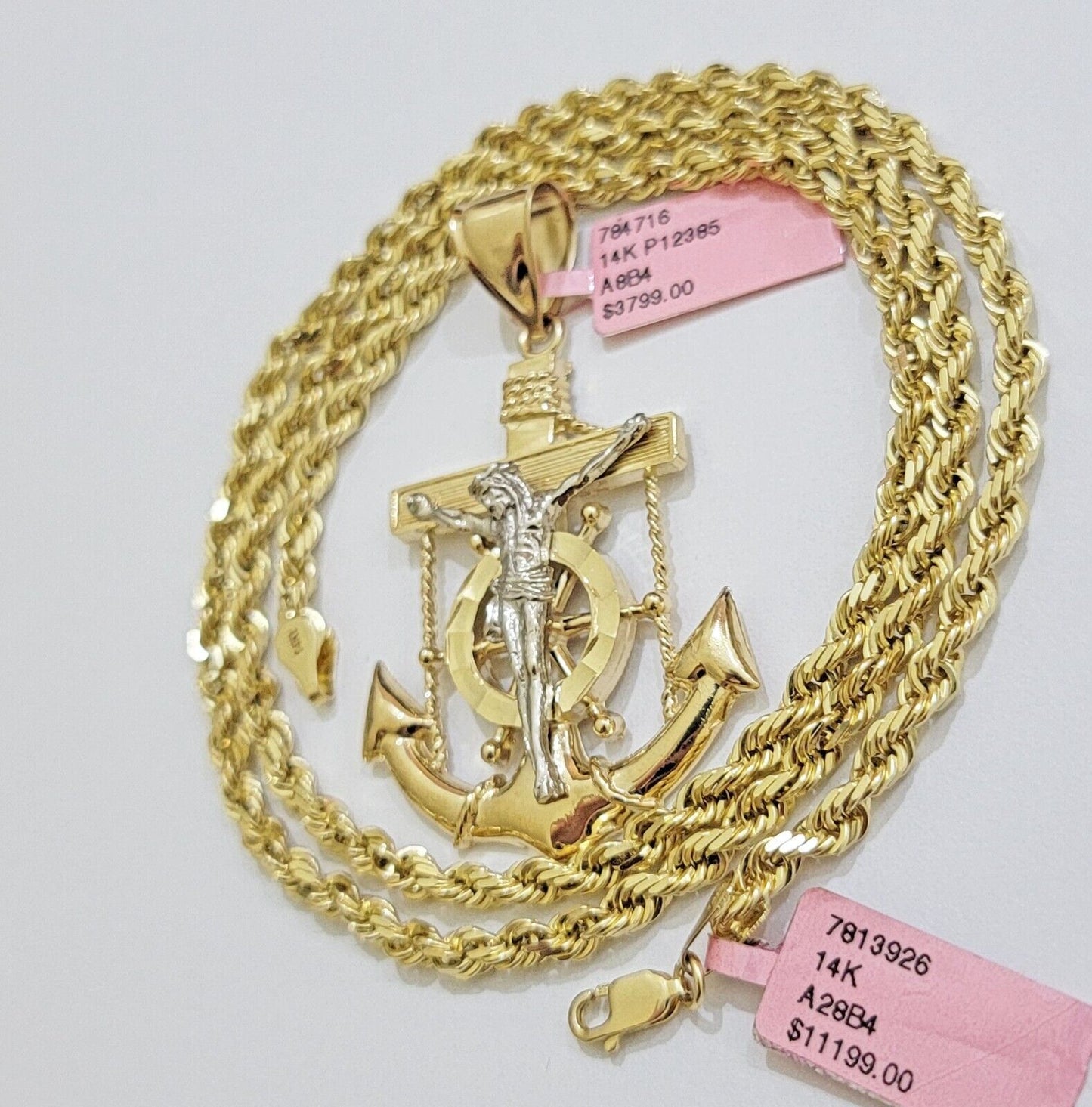 REAL 14k Gold Rope Necklace Anchor Charm Pendant SET SOLID 4mm 26 Inch Necklace